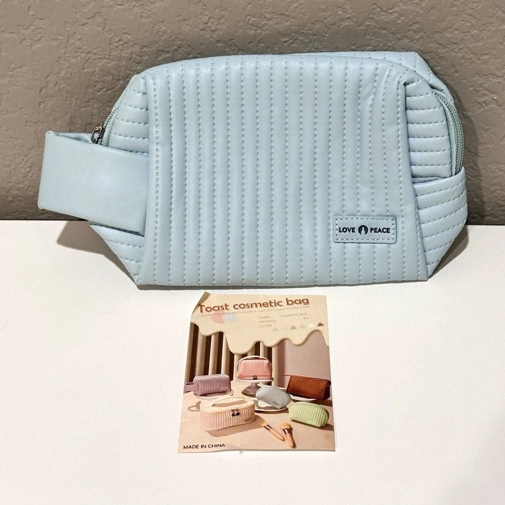 LOVE PEACE Blue Quilted Zipper Makeup Bag Wrist Strap